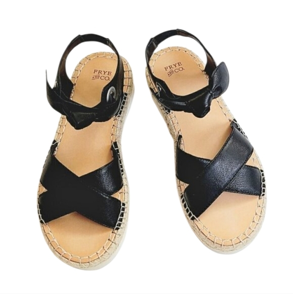 Frye & Co. Women's Black Genuine Leather Platform Espadrille Crisscross Sandals - Picture 6 of 8